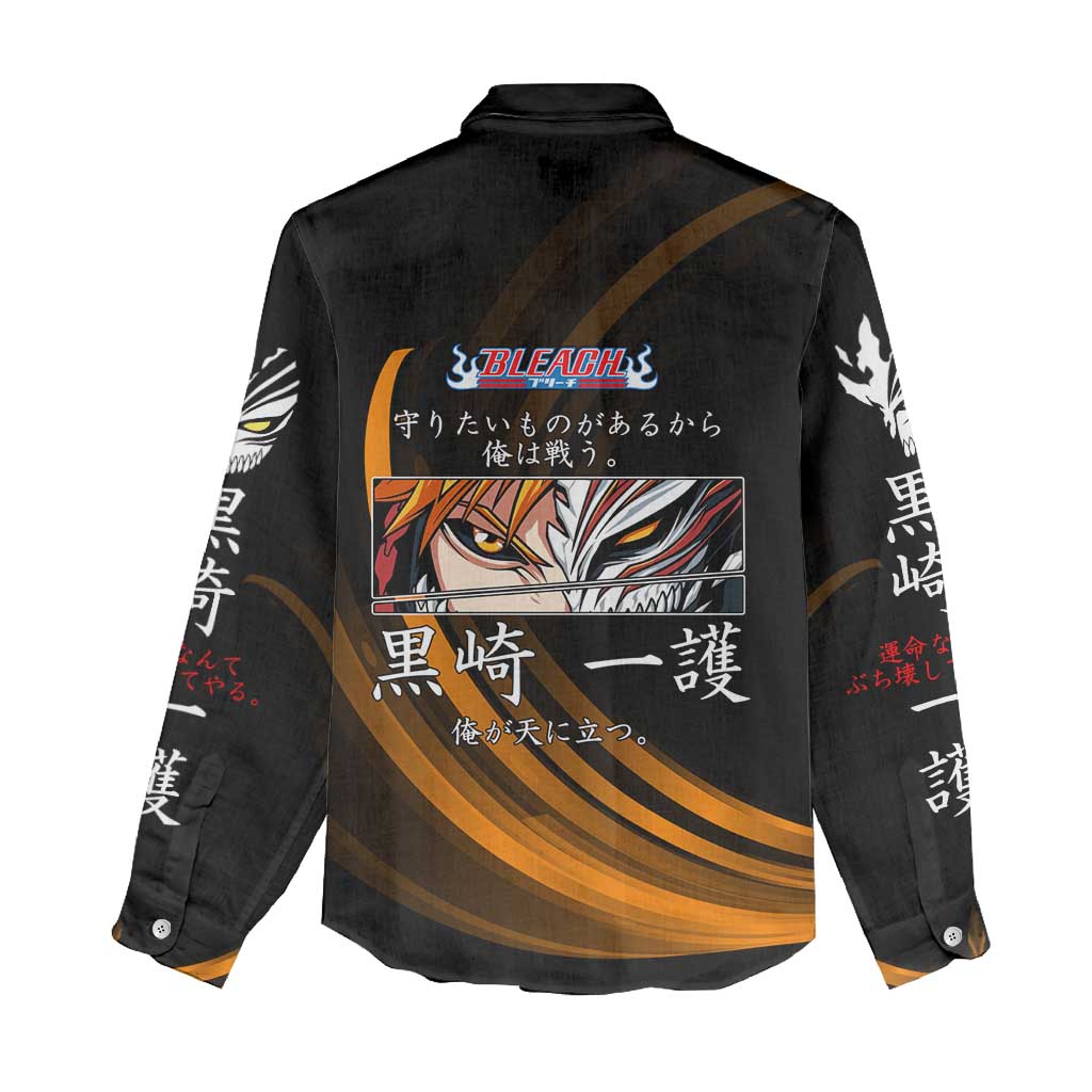 Ichigo Bleach Anime Black and Orange Theme Women Casual Shirt with Hollow Mask and Japanese Calligraphy Design - The Mazicc