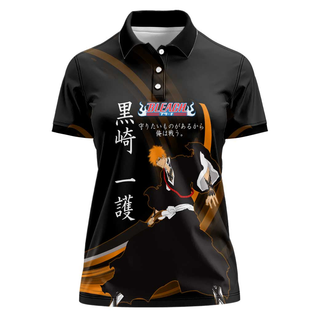 Ichigo Bleach Anime Black and Orange Theme Women Polo Shirt with Hollow Mask and Japanese Calligraphy Design - The Mazicc