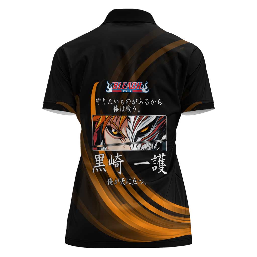 Ichigo Bleach Anime Black and Orange Theme Women Polo Shirt with Hollow Mask and Japanese Calligraphy Design - The Mazicc