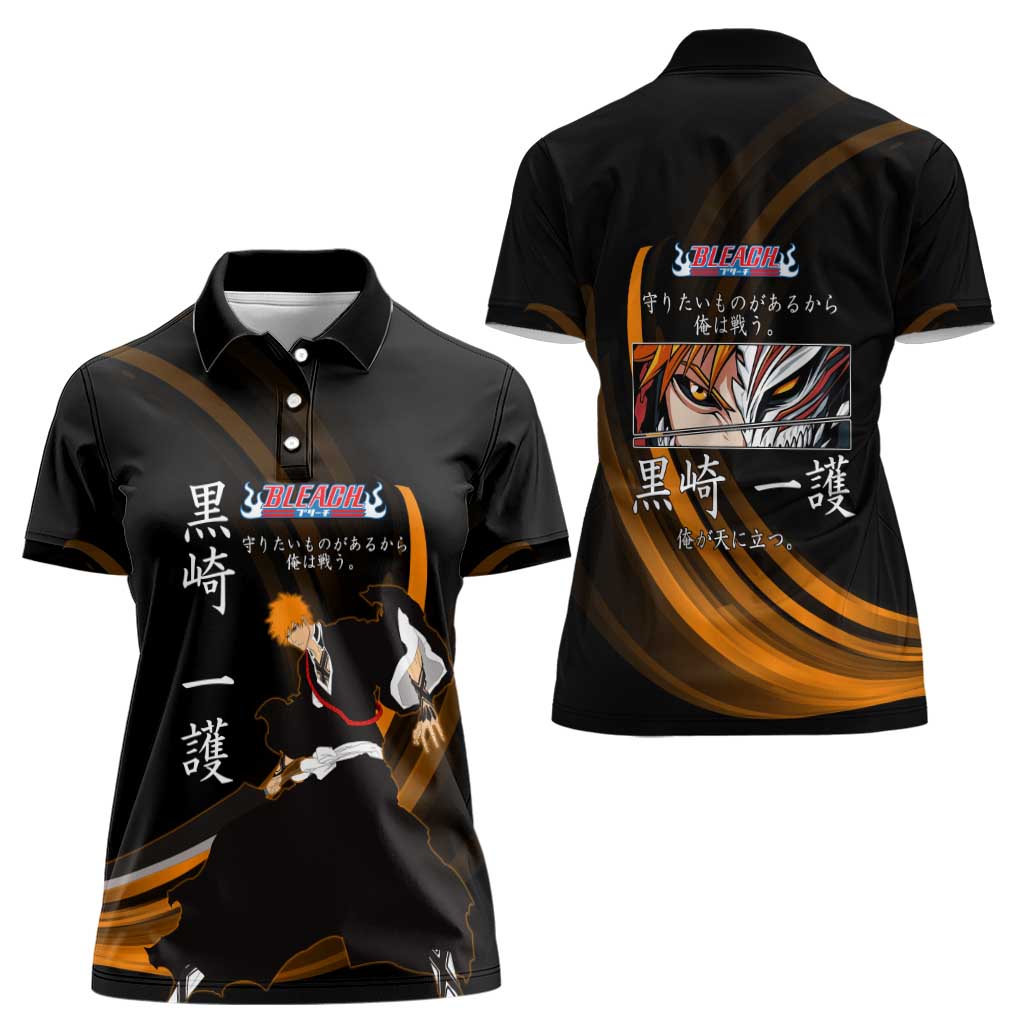 Ichigo Bleach Anime Black and Orange Theme Women Polo Shirt with Hollow Mask and Japanese Calligraphy Design - The Mazicc