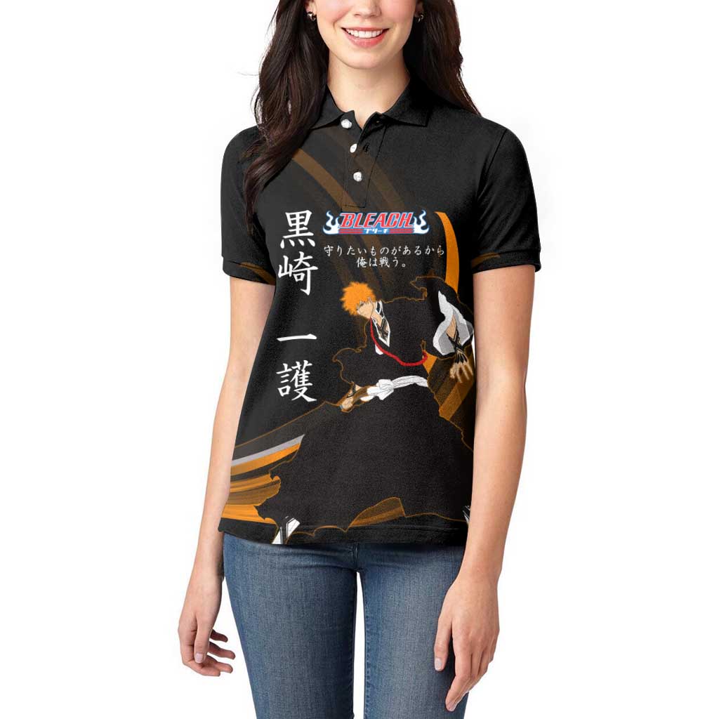 Ichigo Bleach Anime Black and Orange Theme Women Polo Shirt with Hollow Mask and Japanese Calligraphy Design - The Mazicc