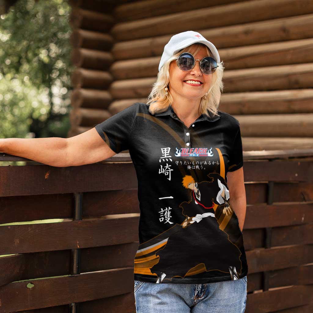 Ichigo Bleach Anime Black and Orange Theme Women Polo Shirt with Hollow Mask and Japanese Calligraphy Design - The Mazicc