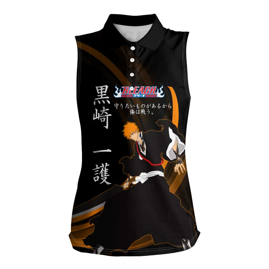 Ichigo Bleach Anime Black and Orange Theme Women Sleeveless Polo Shirt with Hollow Mask and Japanese Calligraphy Design - The Mazicc