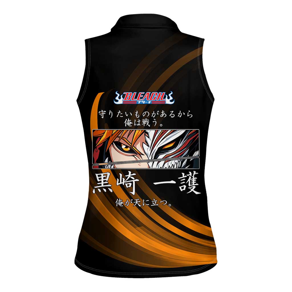 Ichigo Bleach Anime Black and Orange Theme Women Sleeveless Polo Shirt with Hollow Mask and Japanese Calligraphy Design - The Mazicc