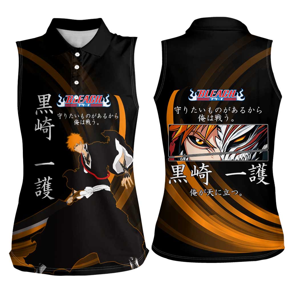 Ichigo Bleach Anime Black and Orange Theme Women Sleeveless Polo Shirt with Hollow Mask and Japanese Calligraphy Design - The Mazicc