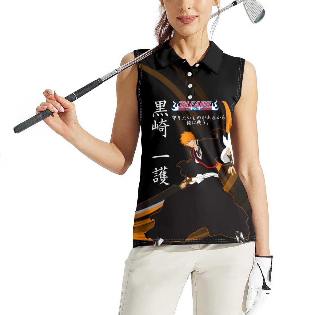 Ichigo Bleach Anime Black and Orange Theme Women Sleeveless Polo Shirt with Hollow Mask and Japanese Calligraphy Design - The Mazicc