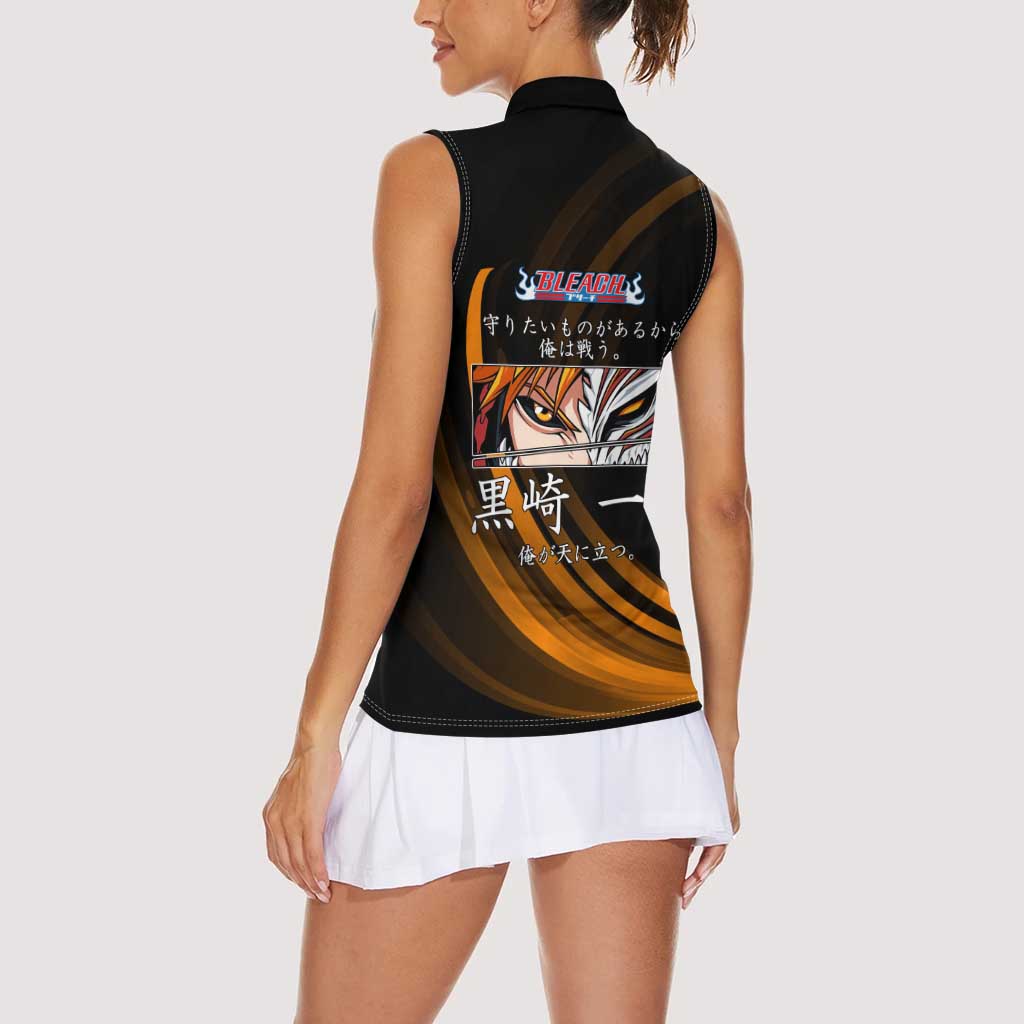 Ichigo Bleach Anime Black and Orange Theme Women Sleeveless Polo Shirt with Hollow Mask and Japanese Calligraphy Design - The Mazicc