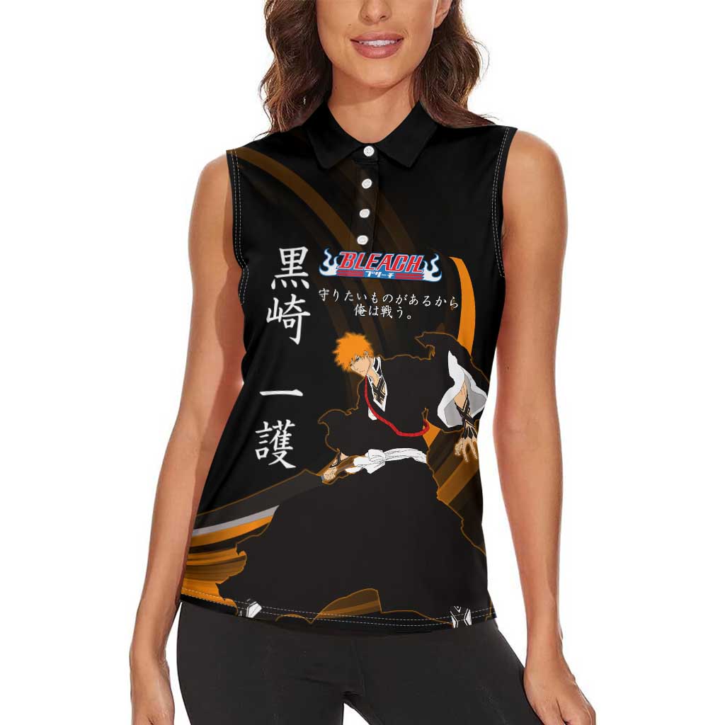 Ichigo Bleach Anime Black and Orange Theme Women Sleeveless Polo Shirt with Hollow Mask and Japanese Calligraphy Design - The Mazicc