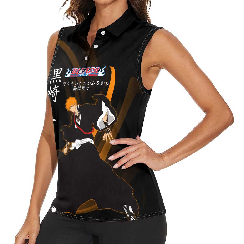 Ichigo Bleach Anime Black and Orange Theme Women Sleeveless Polo Shirt with Hollow Mask and Japanese Calligraphy Design - The Mazicc