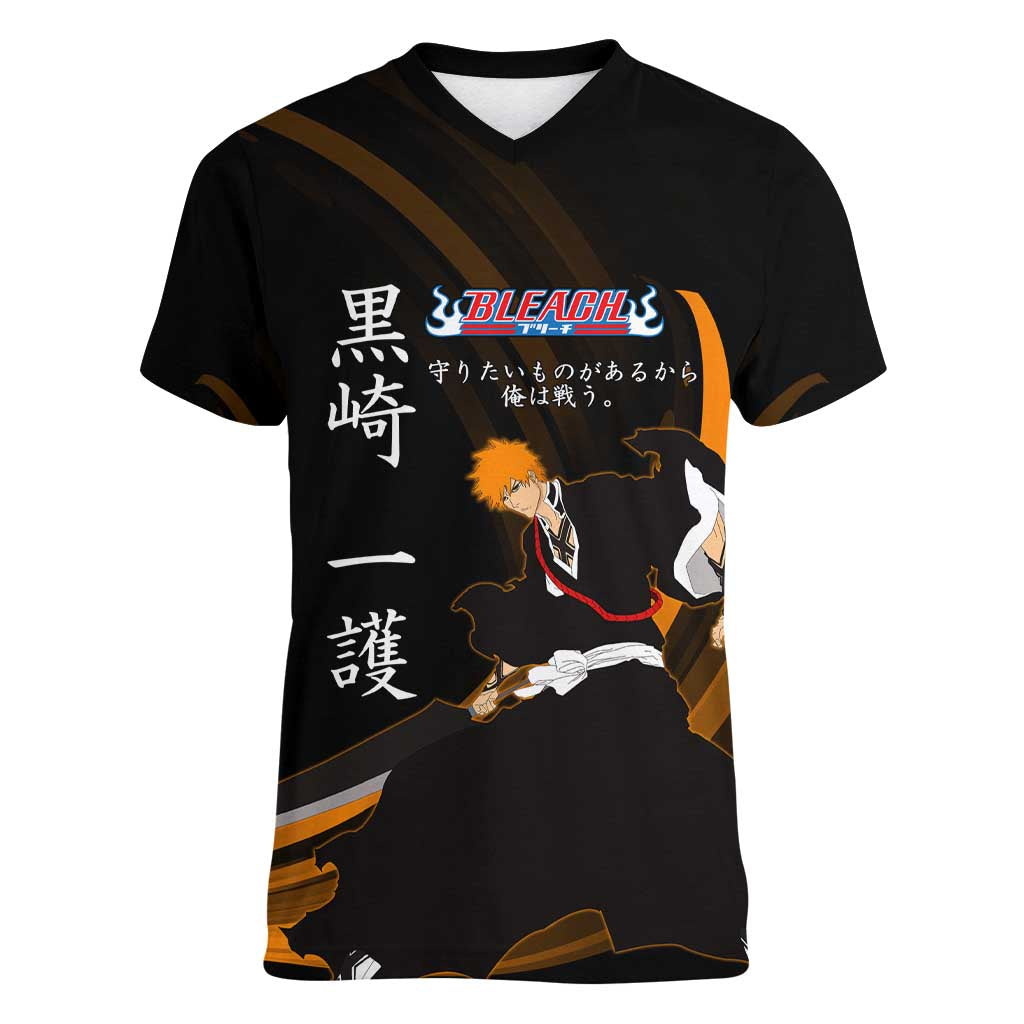 Ichigo Bleach Anime Black and Orange Theme Women V-Neck T-Shirt with Hollow Mask and Japanese Calligraphy Design - The Mazicc