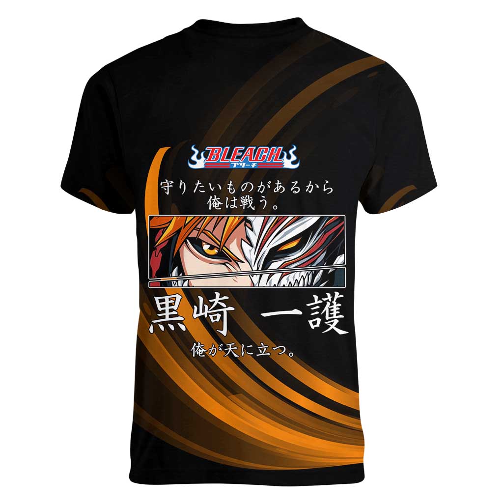 Ichigo Bleach Anime Black and Orange Theme Women V-Neck T-Shirt with Hollow Mask and Japanese Calligraphy Design - The Mazicc