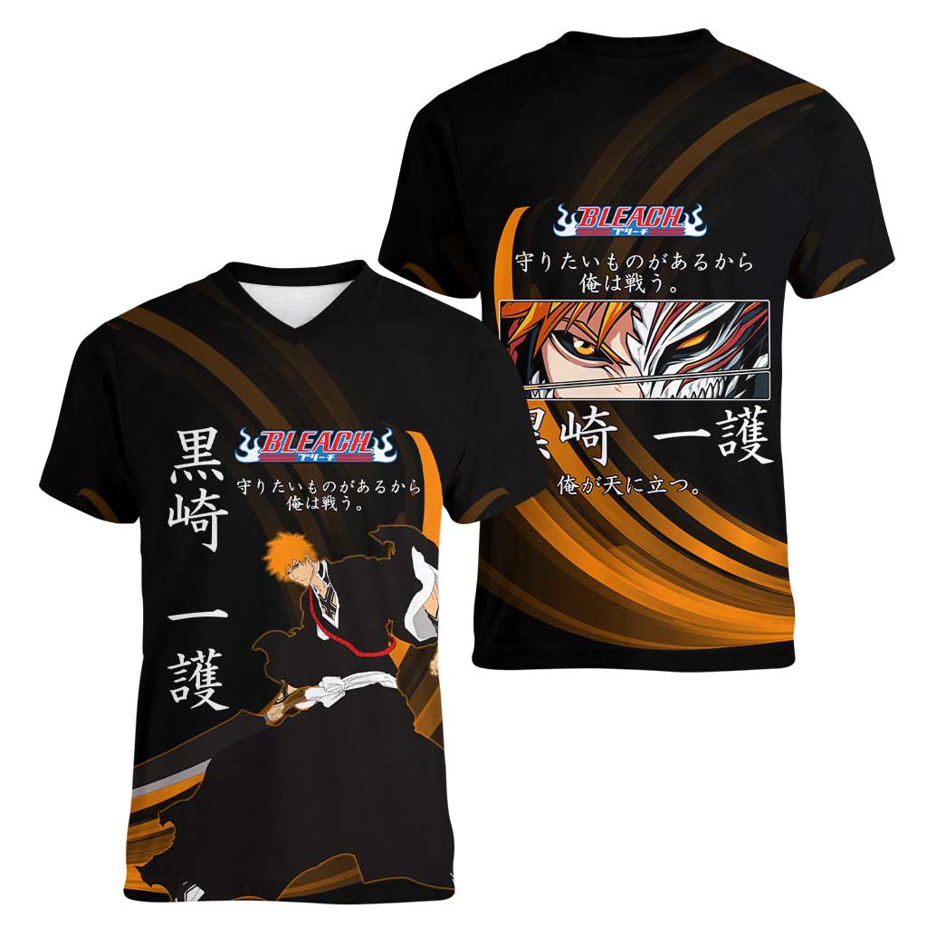 Ichigo Bleach Anime Black and Orange Theme Women V-Neck T-Shirt with Hollow Mask and Japanese Calligraphy Design - The Mazicc