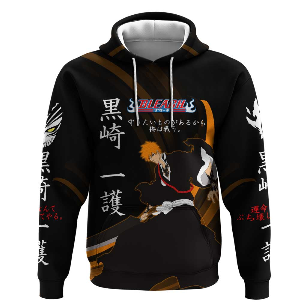 Ichigo Bleach Anime Black and Orange Theme Zip Hoodie with Hollow Mask and Japanese Calligraphy Design - The Mazicc