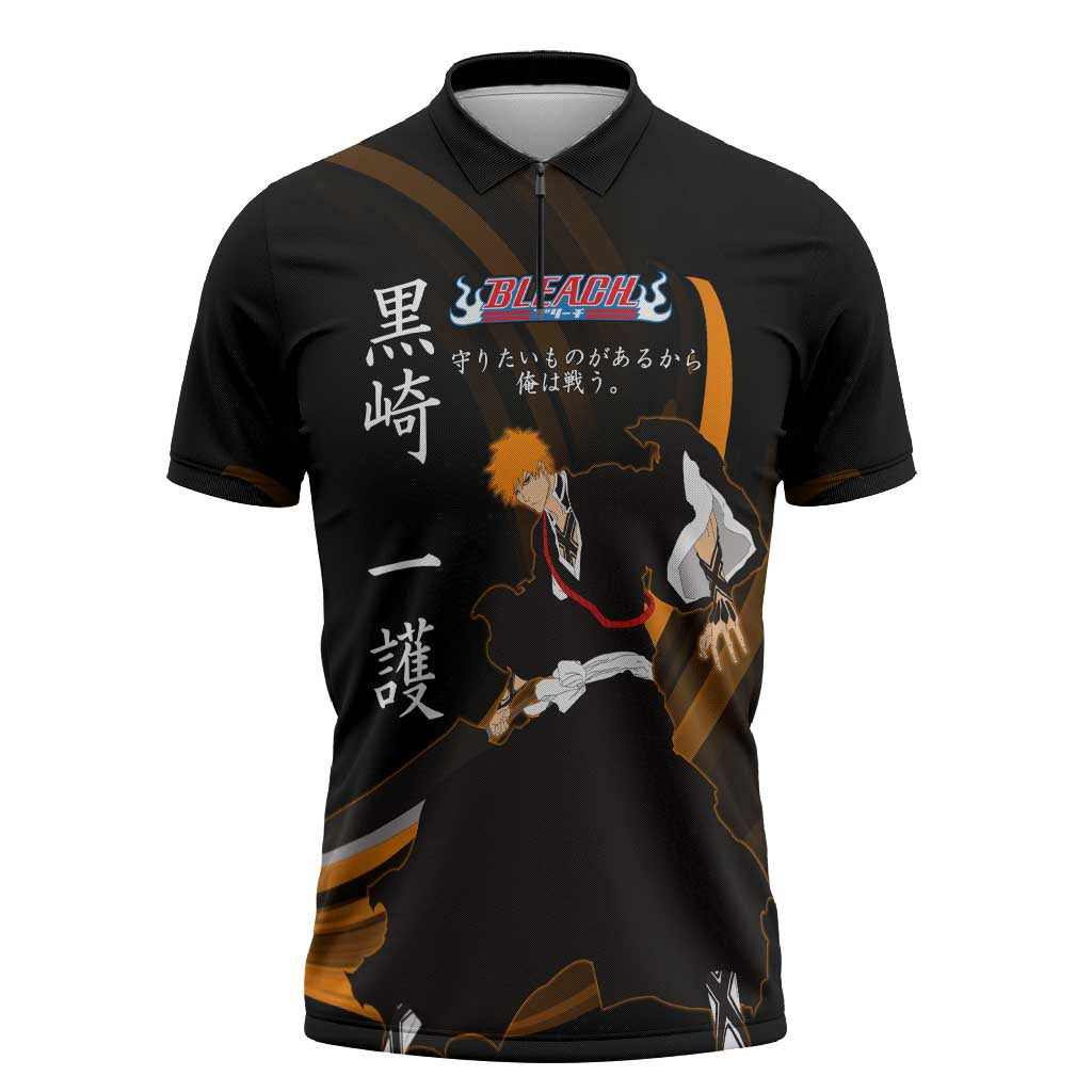 Ichigo Bleach Anime Black and Orange Theme Zipper Polo Shirt with Hollow Mask and Japanese Calligraphy Design - The Mazicc