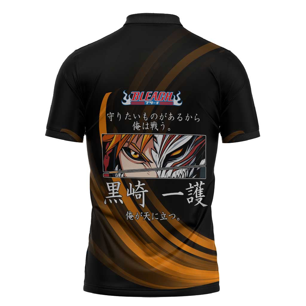 Ichigo Bleach Anime Black and Orange Theme Zipper Polo Shirt with Hollow Mask and Japanese Calligraphy Design - The Mazicc