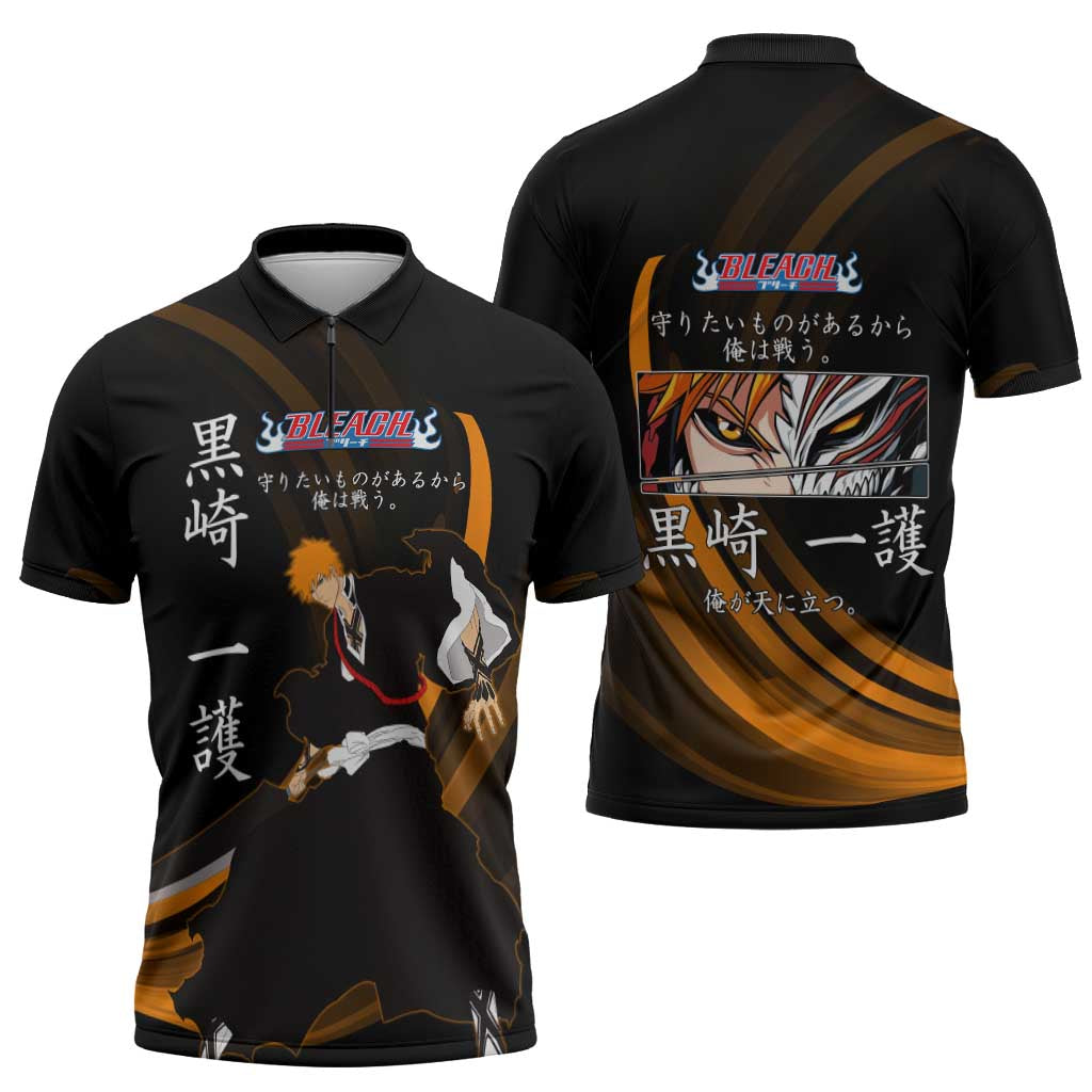 Ichigo Bleach Anime Black and Orange Theme Zipper Polo Shirt with Hollow Mask and Japanese Calligraphy Design - The Mazicc