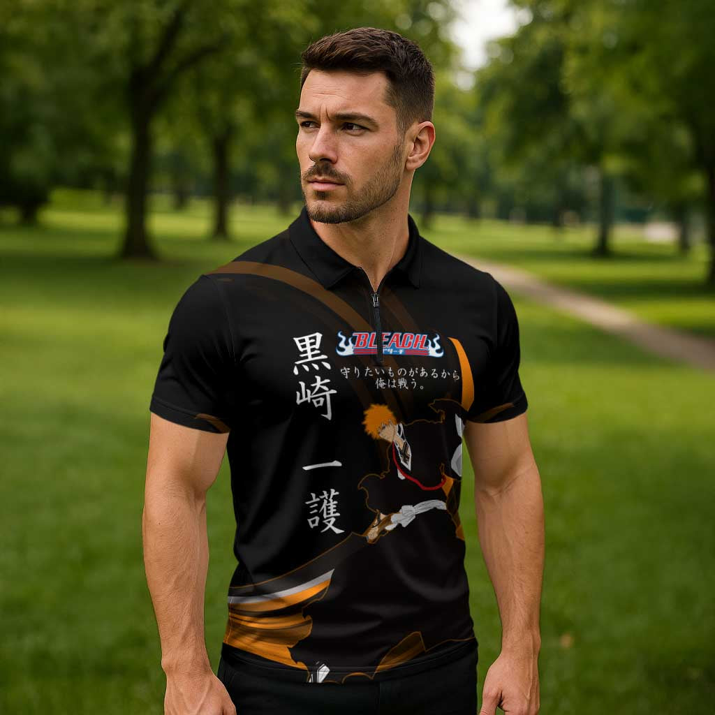 Ichigo Bleach Anime Black and Orange Theme Zipper Polo Shirt with Hollow Mask and Japanese Calligraphy Design - The Mazicc