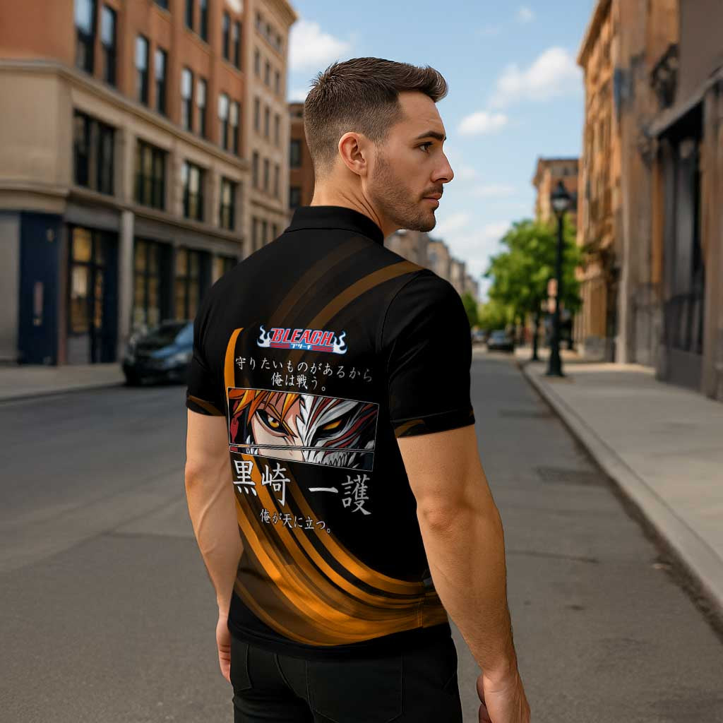 Ichigo Bleach Anime Black and Orange Theme Zipper Polo Shirt with Hollow Mask and Japanese Calligraphy Design - The Mazicc