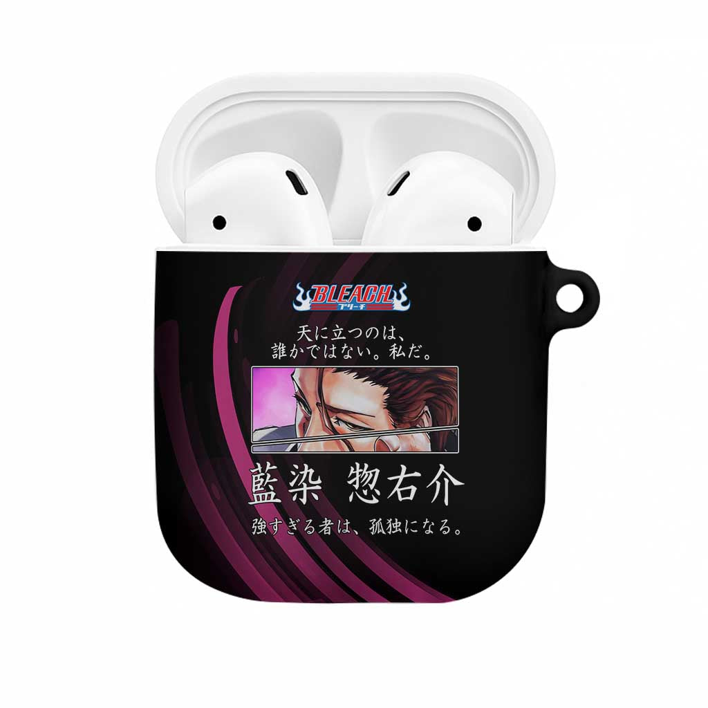 Sosuke Aizen Bleach Anime Black and Purple Theme AirPods Case with Zanpakuto Pose and Japanese Quote Design - The Mazicc