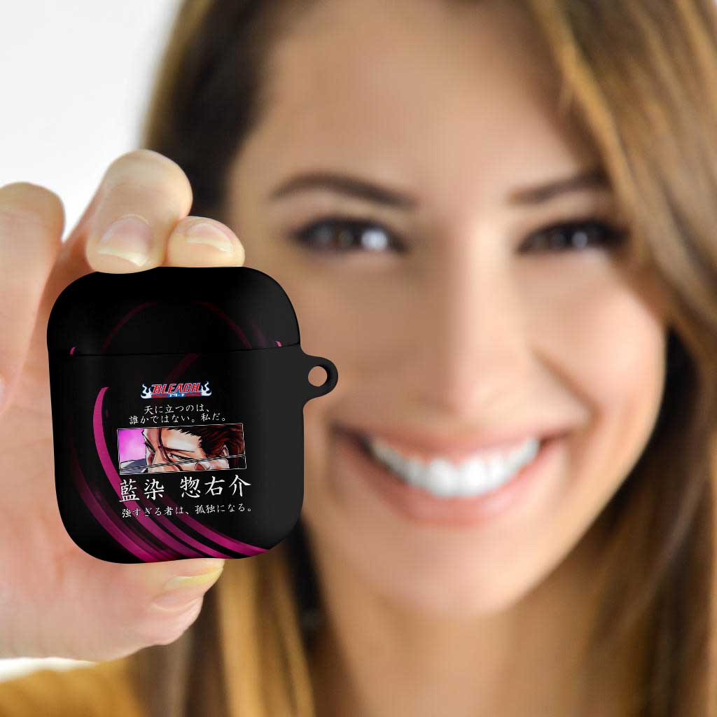 Sosuke Aizen Bleach Anime Black and Purple Theme AirPods Case with Zanpakuto Pose and Japanese Quote Design - The Mazicc