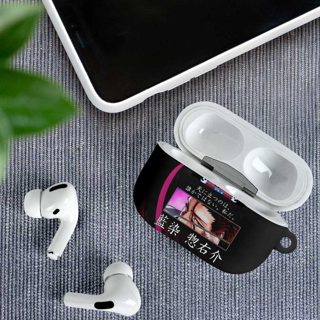 Sosuke Aizen Bleach Anime Black and Purple Theme AirPods Case with Zanpakuto Pose and Japanese Quote Design - The Mazicc
