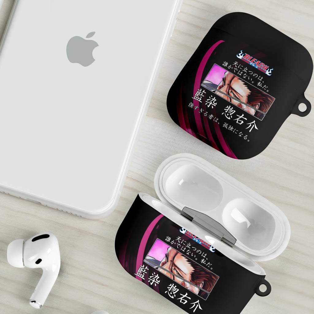Sosuke Aizen Bleach Anime Black and Purple Theme AirPods Case with Zanpakuto Pose and Japanese Quote Design - The Mazicc