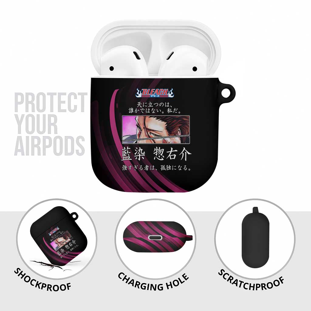 Sosuke Aizen Bleach Anime Black and Purple Theme AirPods Case with Zanpakuto Pose and Japanese Quote Design - The Mazicc