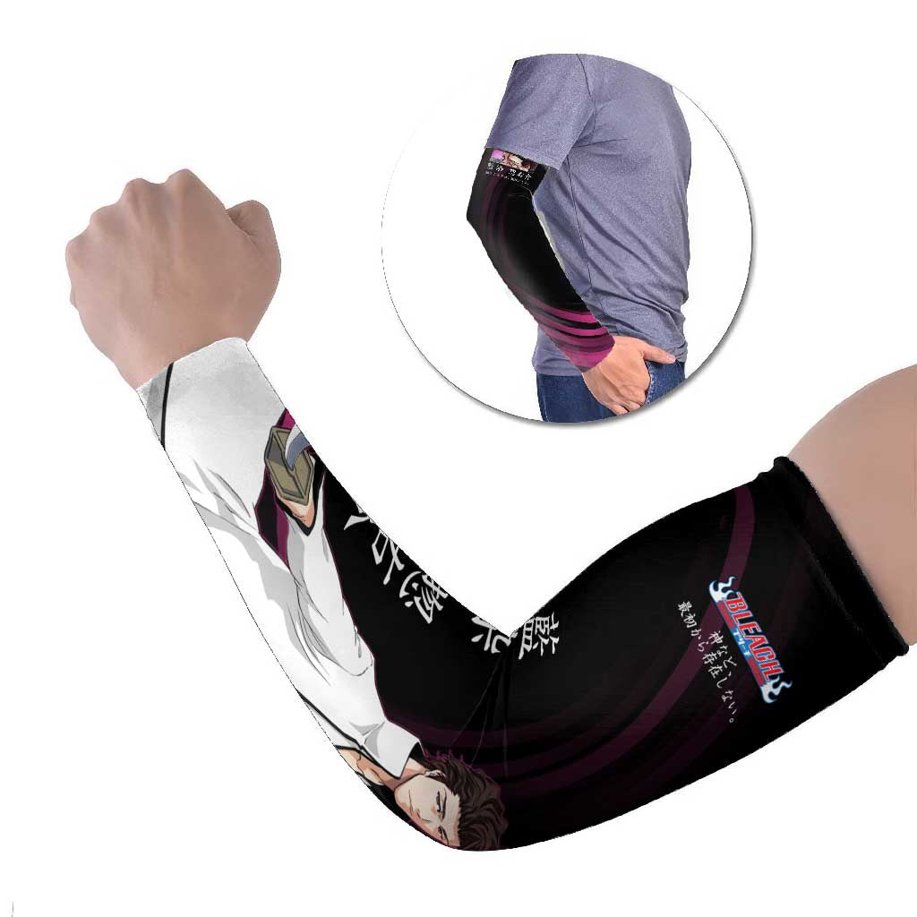 Sosuke Aizen Bleach Anime Black and Purple Theme Arm Sleeves with Zanpakuto Pose and Japanese Quote Design - The Mazicc