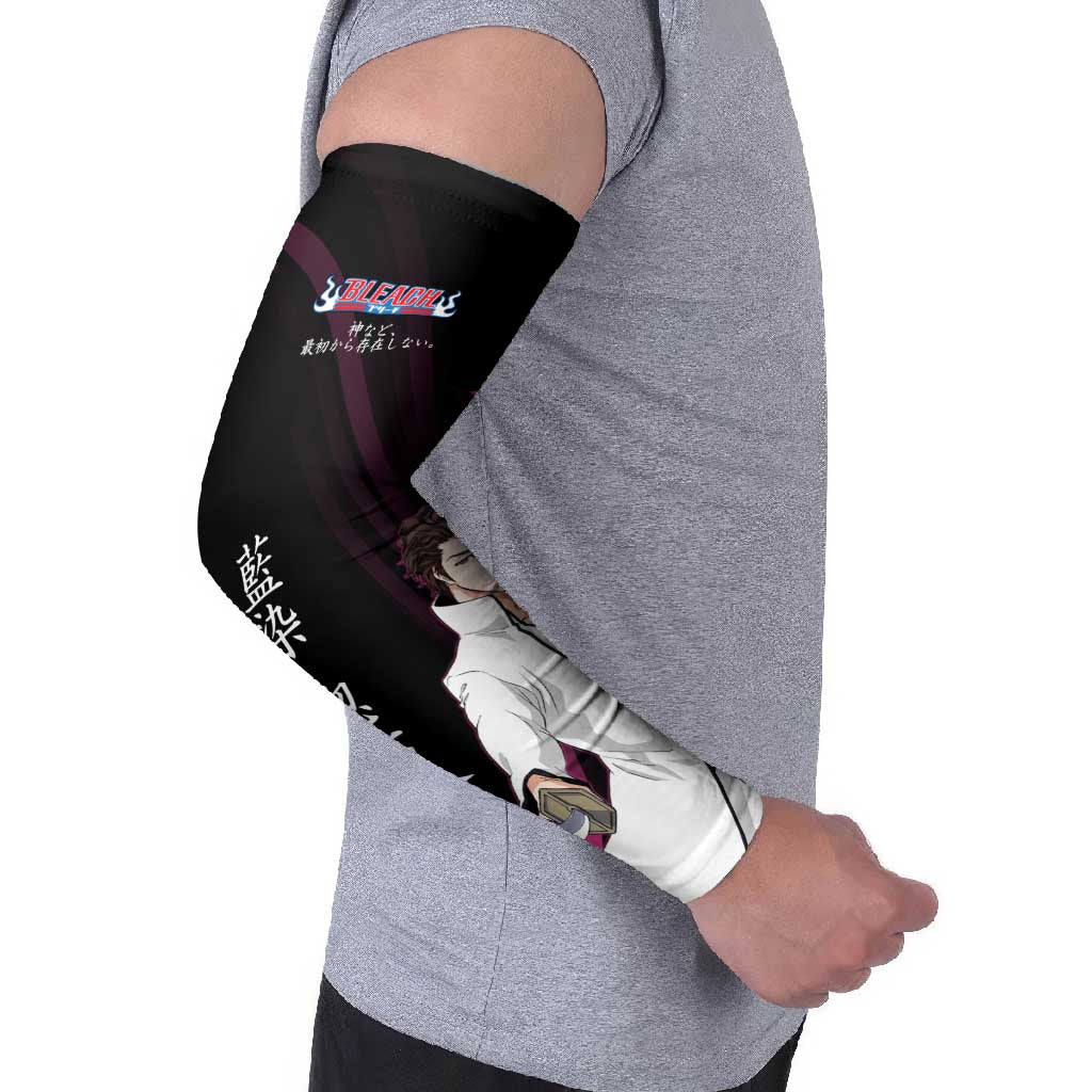 Sosuke Aizen Bleach Anime Black and Purple Theme Arm Sleeves with Zanpakuto Pose and Japanese Quote Design - The Mazicc