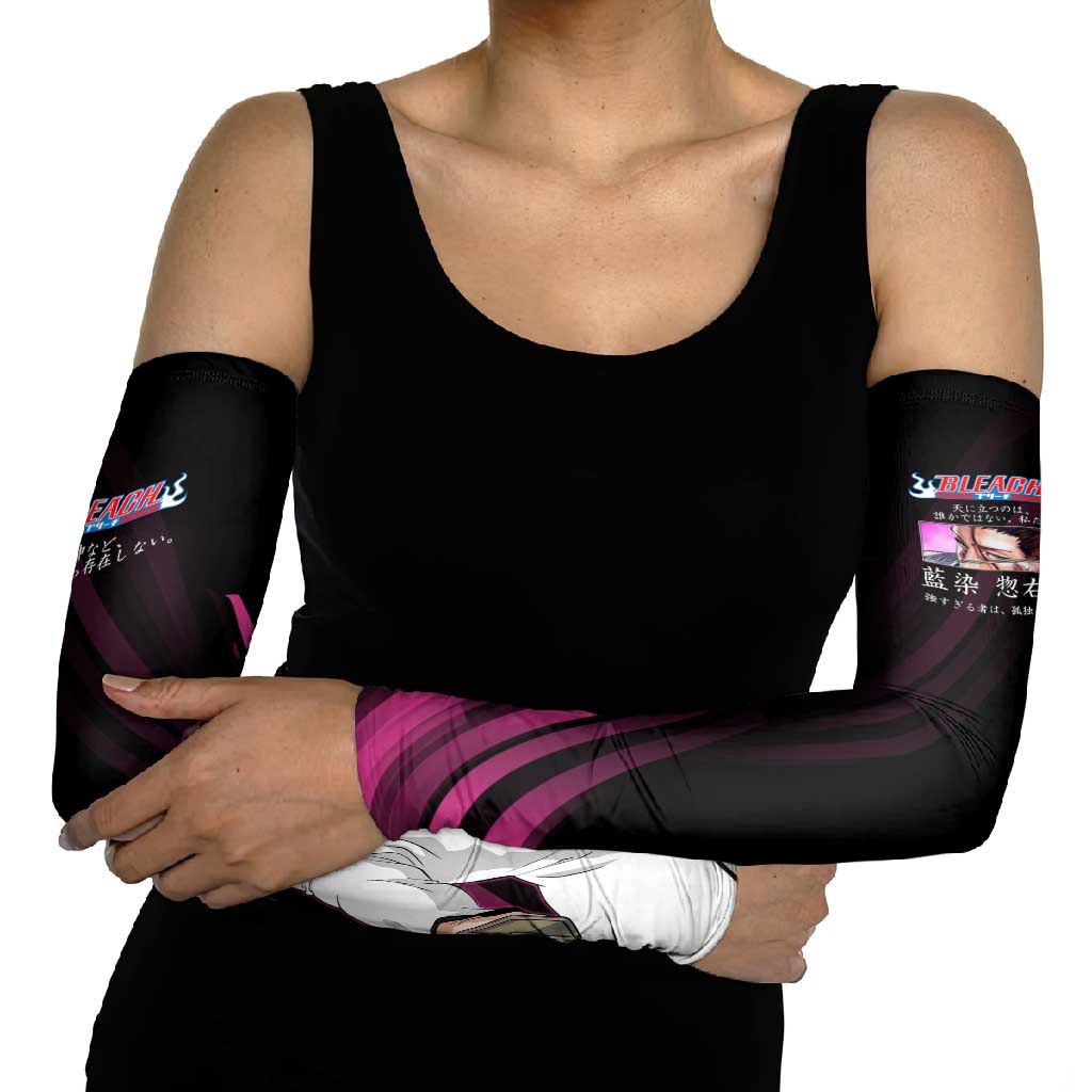 Sosuke Aizen Bleach Anime Black and Purple Theme Arm Sleeves with Zanpakuto Pose and Japanese Quote Design - The Mazicc