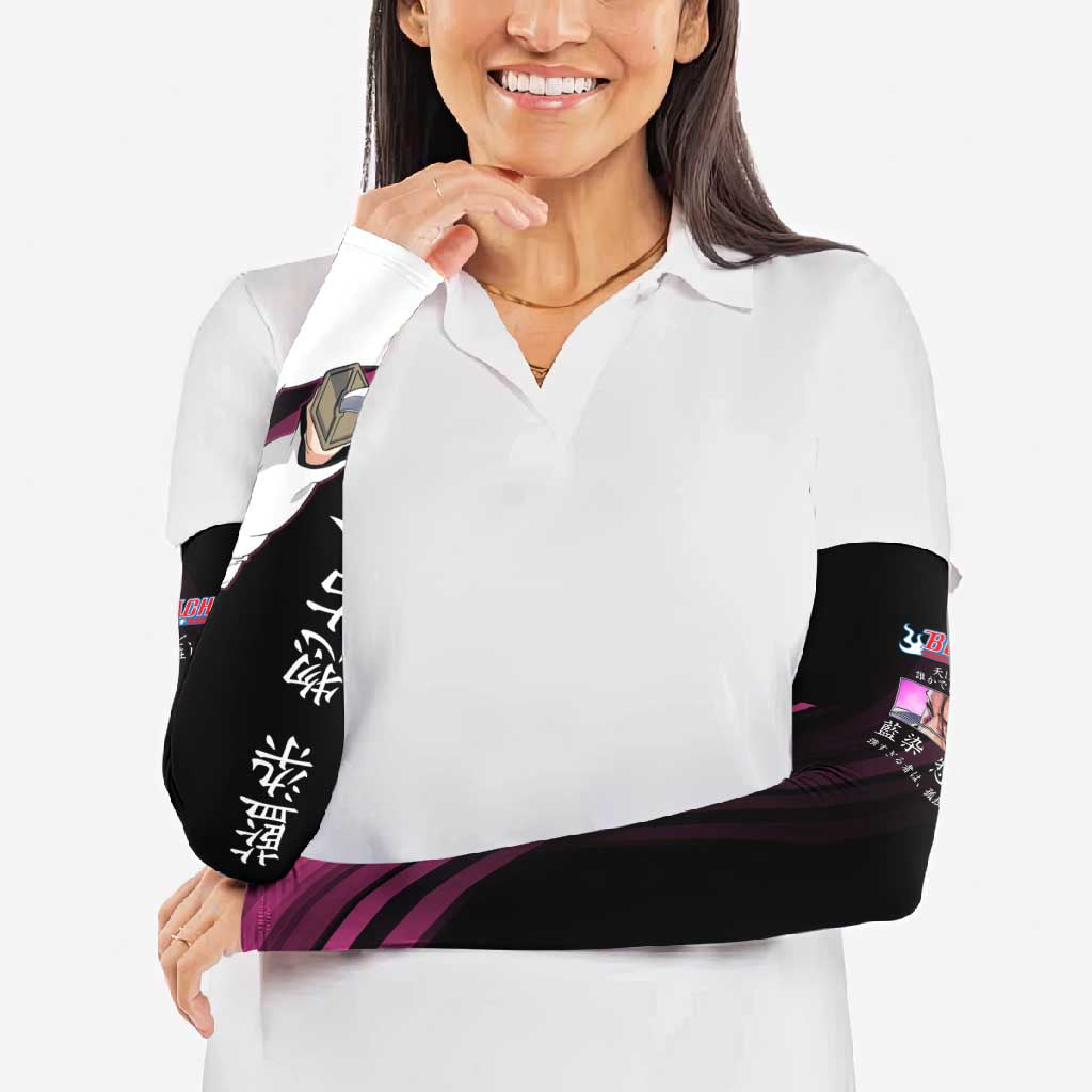 Sosuke Aizen Bleach Anime Black and Purple Theme Arm Sleeves with Zanpakuto Pose and Japanese Quote Design - The Mazicc