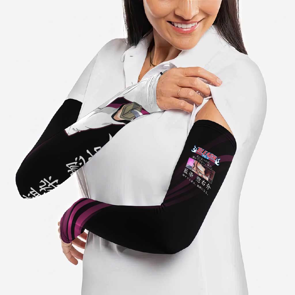 Sosuke Aizen Bleach Anime Black and Purple Theme Arm Sleeves with Zanpakuto Pose and Japanese Quote Design - The Mazicc