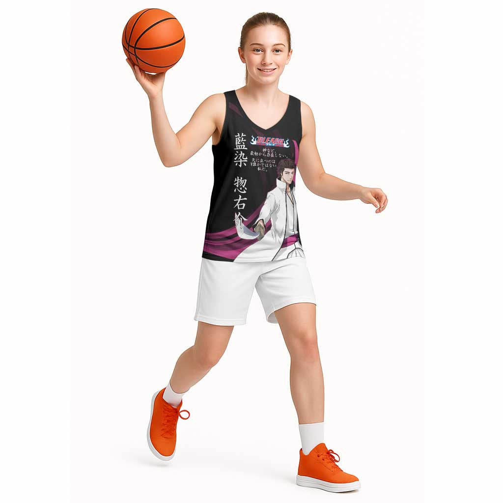 Sosuke Aizen Bleach Anime Black and Purple Theme Basketball Jersey with Zanpakuto Pose and Japanese Quote Design - The Mazicc