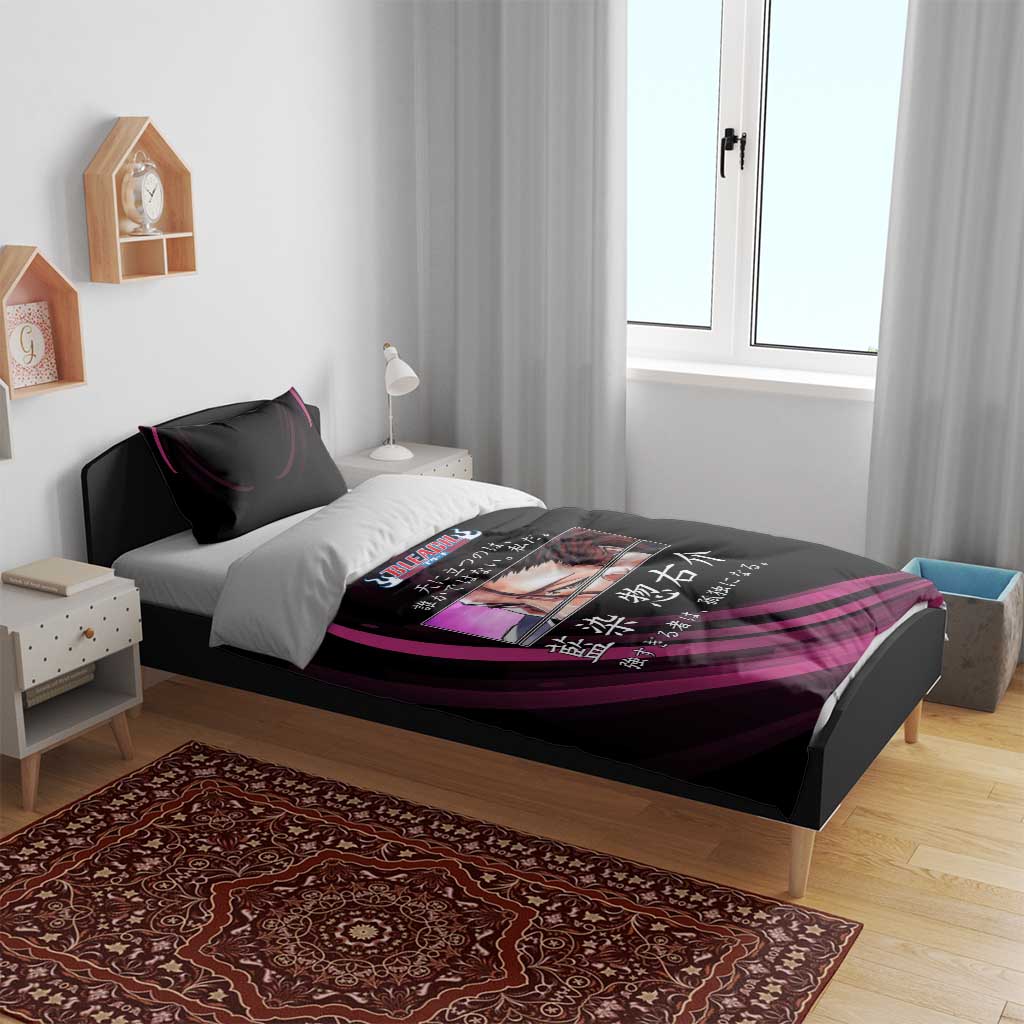 Sosuke Aizen Bleach Anime Black and Purple Theme Bedding Set with Zanpakuto Pose and Japanese Quote Design - The Mazicc