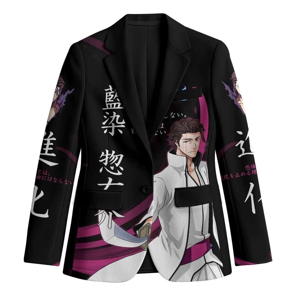 Sosuke Aizen Bleach Anime Black and Purple Theme Blazer with Zanpakuto Pose and Japanese Quote Design - The Mazicc