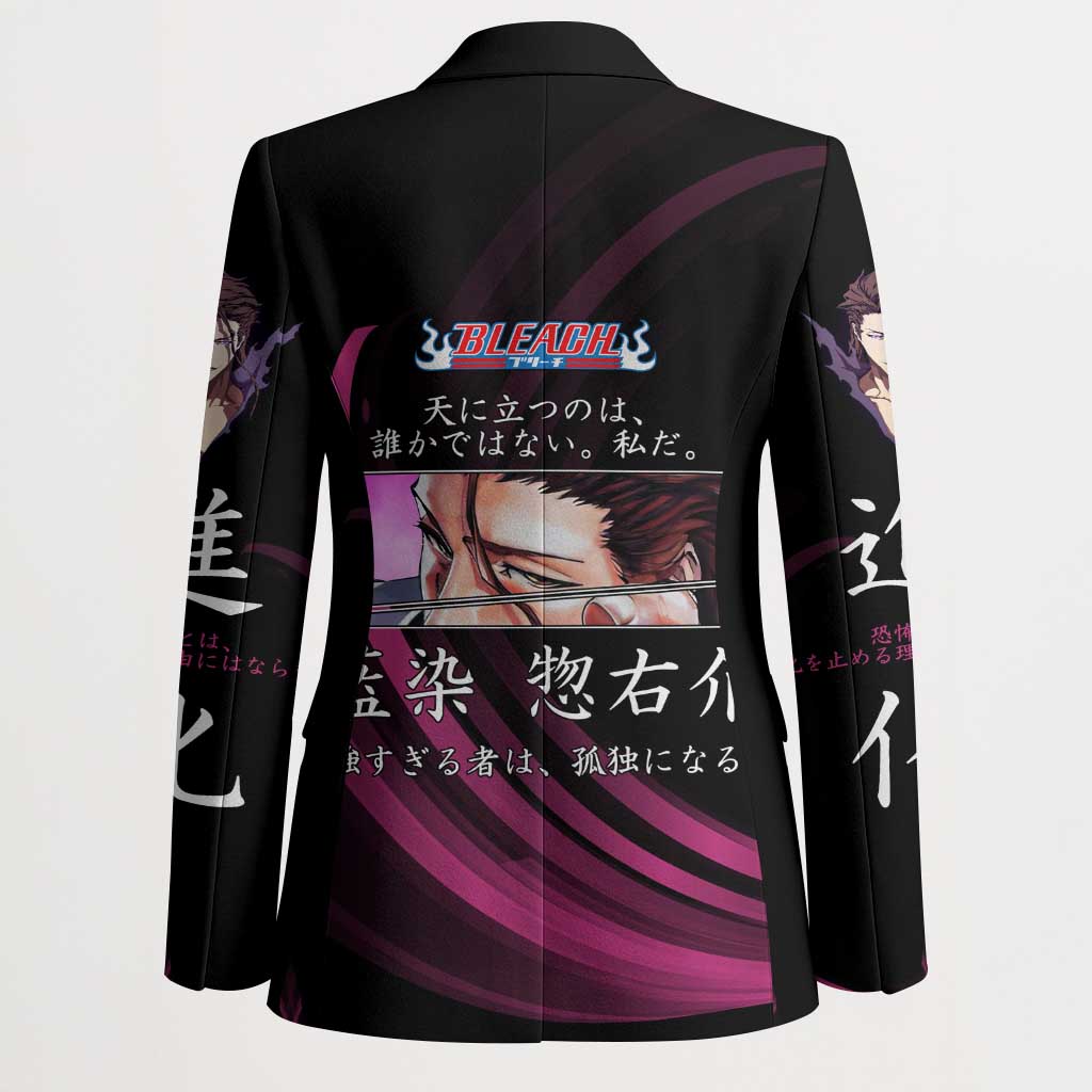 Sosuke Aizen Bleach Anime Black and Purple Theme Blazer with Zanpakuto Pose and Japanese Quote Design - The Mazicc