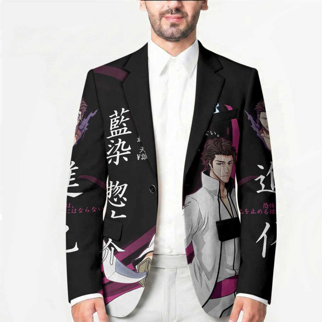 Sosuke Aizen Bleach Anime Black and Purple Theme Blazer with Zanpakuto Pose and Japanese Quote Design - The Mazicc