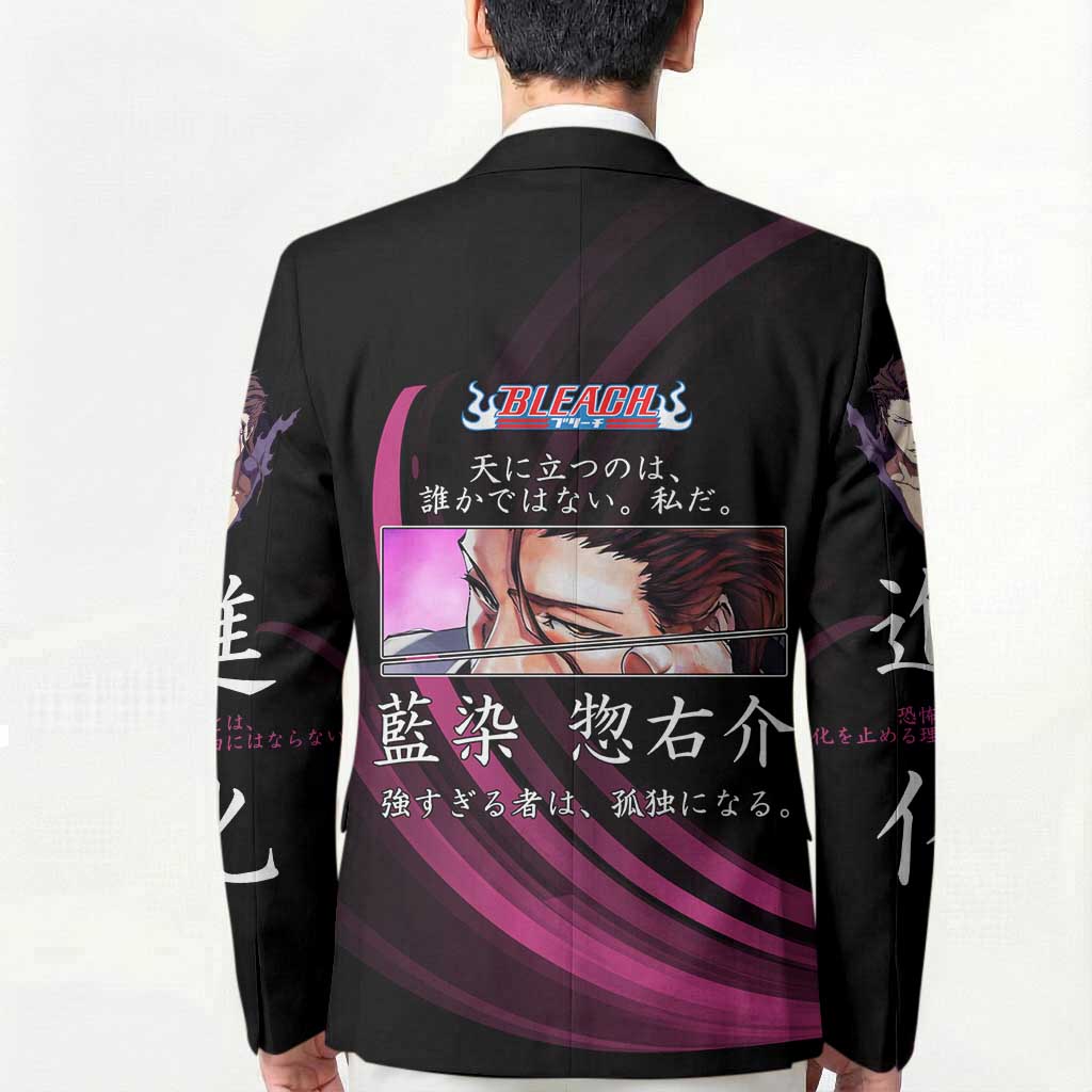 Sosuke Aizen Bleach Anime Black and Purple Theme Blazer with Zanpakuto Pose and Japanese Quote Design - The Mazicc