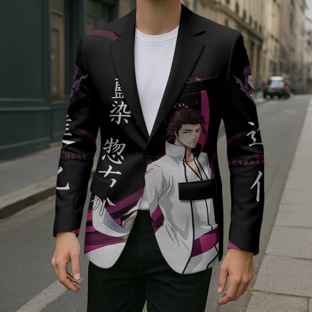 Sosuke Aizen Bleach Anime Black and Purple Theme Blazer with Zanpakuto Pose and Japanese Quote Design - The Mazicc