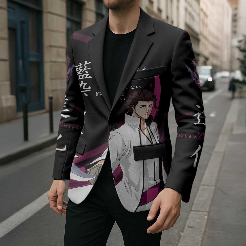 Sosuke Aizen Bleach Anime Black and Purple Theme Blazer with Zanpakuto Pose and Japanese Quote Design - The Mazicc