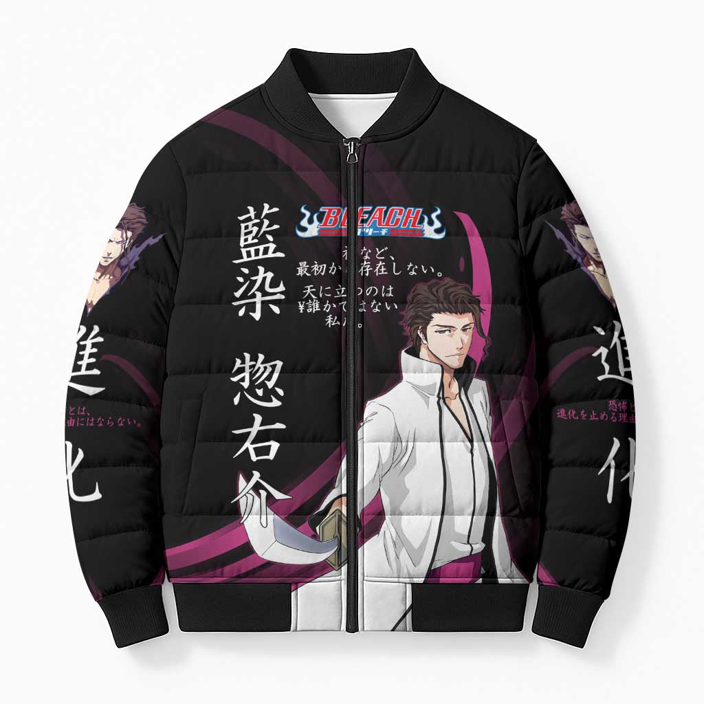 Sosuke Aizen Bleach Anime Black and Purple Theme Bomber Puffer Jacket with Zanpakuto Pose and Japanese Quote Design - The Mazicc