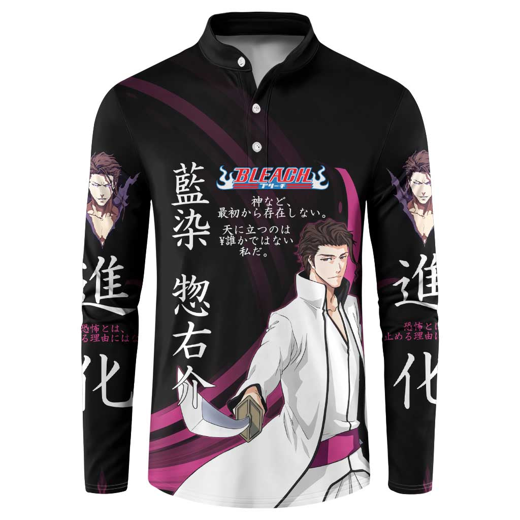 Sosuke Aizen Bleach Anime Black and Purple Theme Button Sweatshirt with Zanpakuto Pose and Japanese Quote Design - The Mazicc