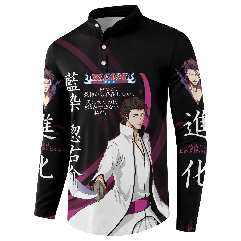 Sosuke Aizen Bleach Anime Black and Purple Theme Button Sweatshirt with Zanpakuto Pose and Japanese Quote Design - The Mazicc