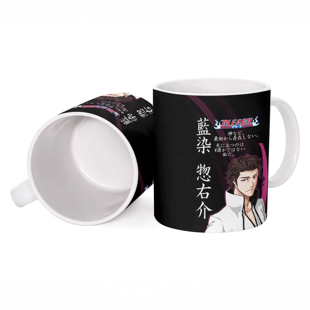 Sosuke Aizen Bleach Anime Black and Purple Theme Ceramic Mug with Zanpakuto Pose and Japanese Quote Design - The Mazicc