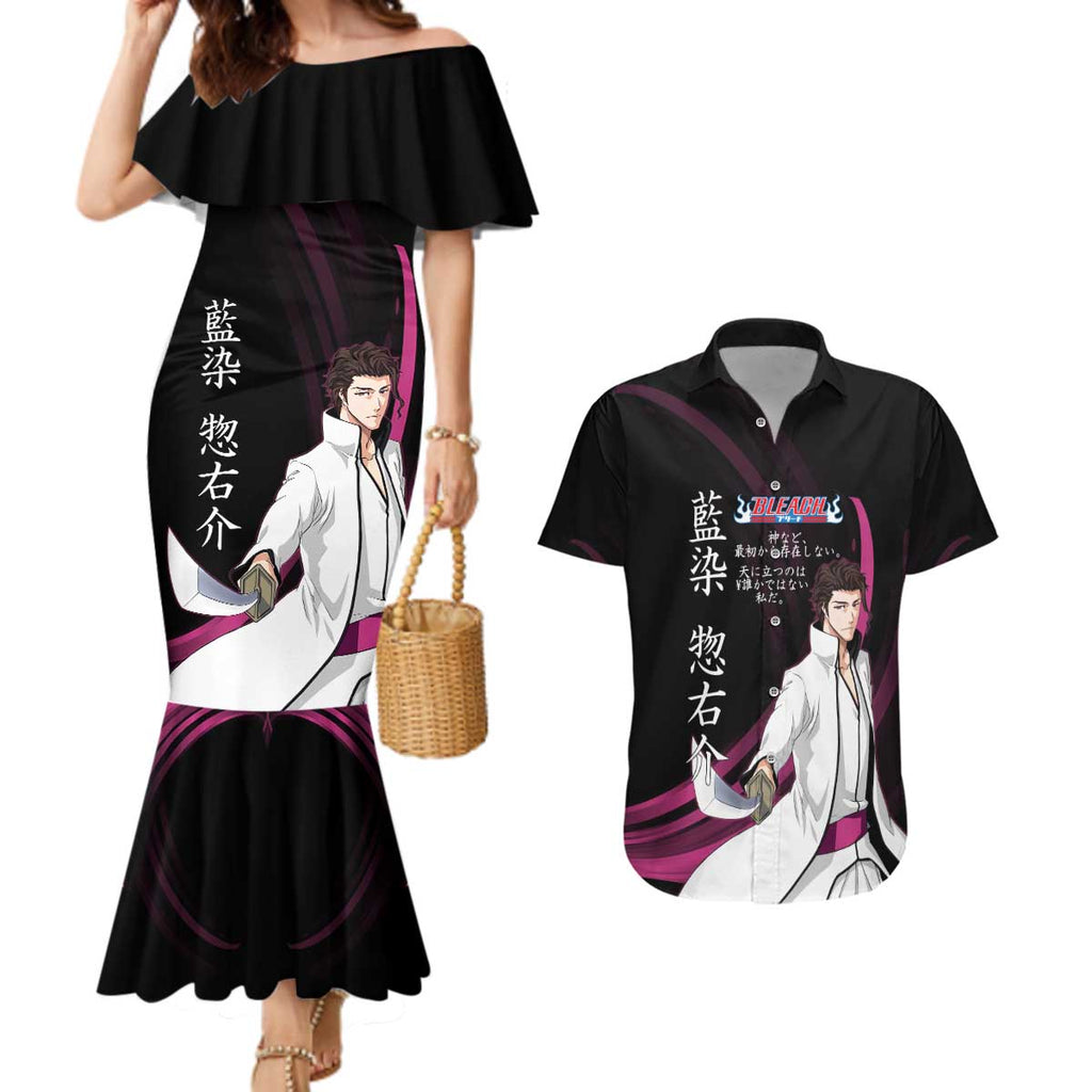 Sosuke Aizen Bleach Anime Black and Purple Theme Couples Matching Mermaid Dress and Hawaiian Shirt with Zanpakuto Pose and Japanese Quote Design - The Mazicc
