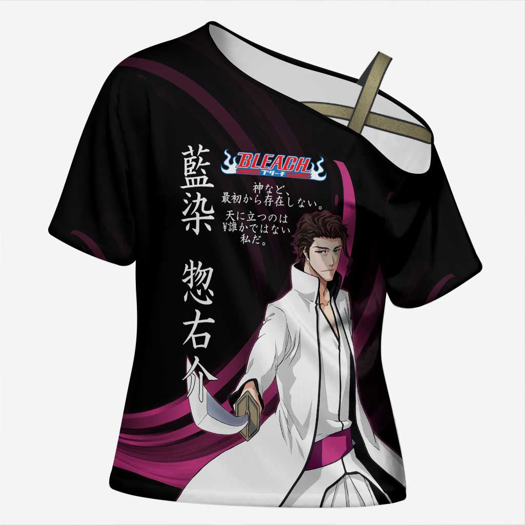 Sosuke Aizen Bleach Anime Black and Purple Theme Cross Shoulder Shirt with Zanpakuto Pose and Japanese Quote Design - The Mazicc