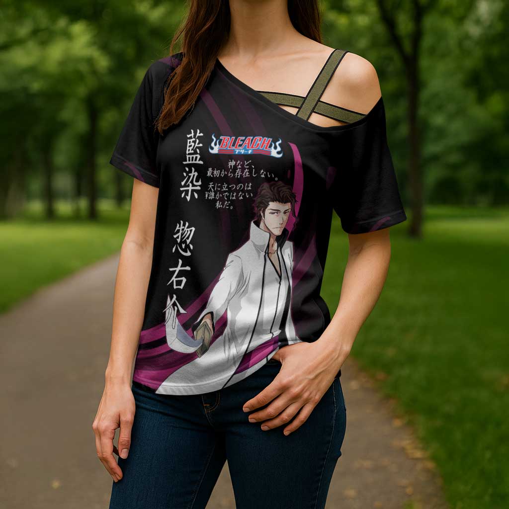 Sosuke Aizen Bleach Anime Black and Purple Theme Cross Shoulder Shirt with Zanpakuto Pose and Japanese Quote Design - The Mazicc