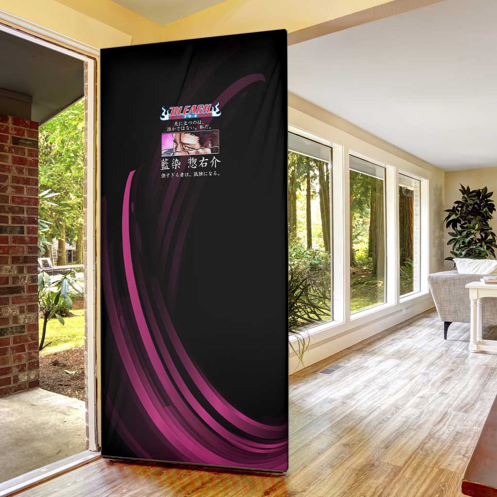 Sosuke Aizen Bleach Anime Black and Purple Theme Door Cover with Zanpakuto Pose and Japanese Quote Design - The Mazicc