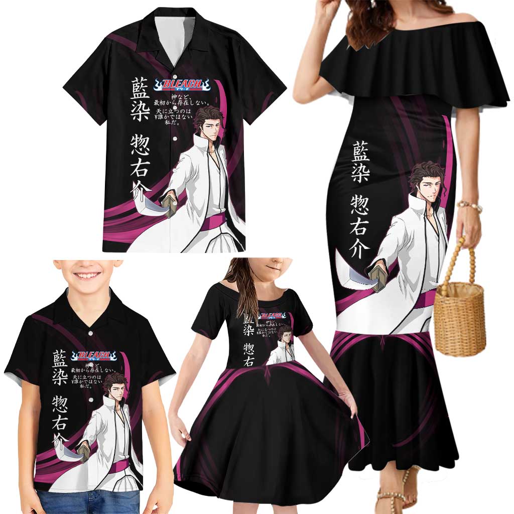 Sosuke Aizen Bleach Anime Black and Purple Theme Family Matching Mermaid Dress and Hawaiian Shirt with Zanpakuto Pose and Japanese Quote Design