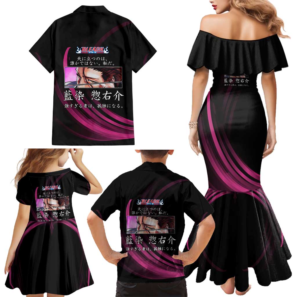 Sosuke Aizen Bleach Anime Black and Purple Theme Family Matching Mermaid Dress and Hawaiian Shirt with Zanpakuto Pose and Japanese Quote Design